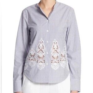 Theory Women’s Shirt M Weylend Eb Ashland Stripe Embroidered White GRAY‎ Cotton